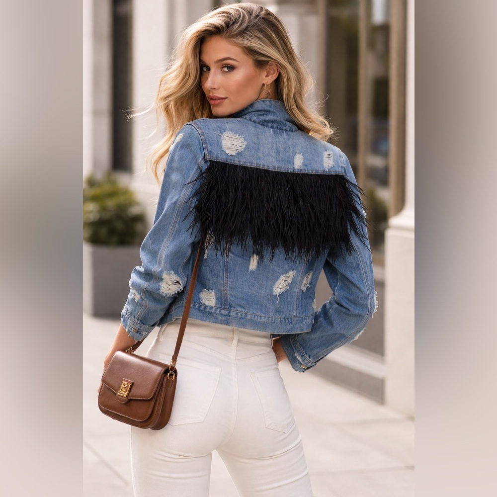 Jocelyn Distressed Denim Jacket with Ostrich Feather Back — Size Small